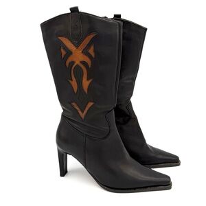 Vintage Steve Madden Western Heeled Cowboy Boots Made in Italy Black Leather 7